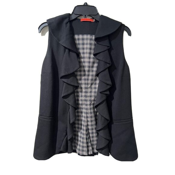 Alice + Olivia Ruffle Ponte Knit Lined V-Neck Open Vest Cardigan Pockets SZ M - Picture 2 of 10